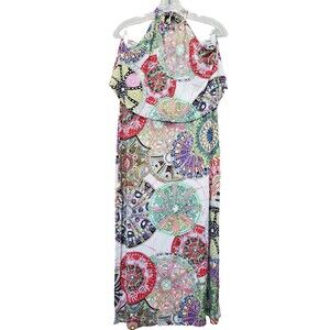 Atina Cristina Halter Midi Dress Size Large Side Vents Multicolor Medallion